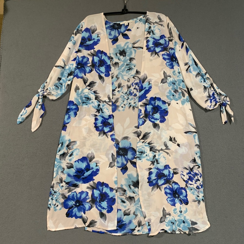 Haute Monde Floral Kimono Womens M Blue White Tie Sleeve Open Front Cardigan
